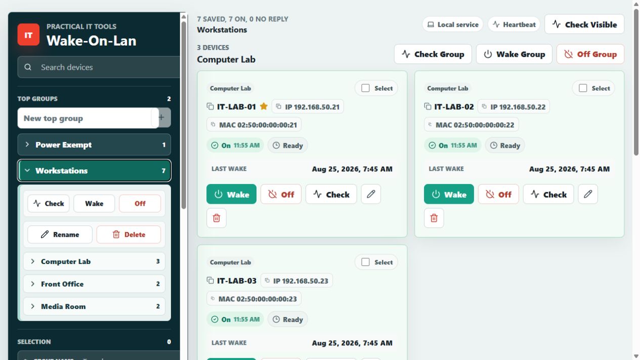 Practical IT Tools Wake-On-Lan dashboard with workstation groups and device controls